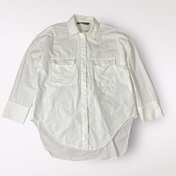 Zara White Poplin Oversized Two-Pocket Button-Up Shirt‎ Size XS Minimalist - Picture 1 of 8